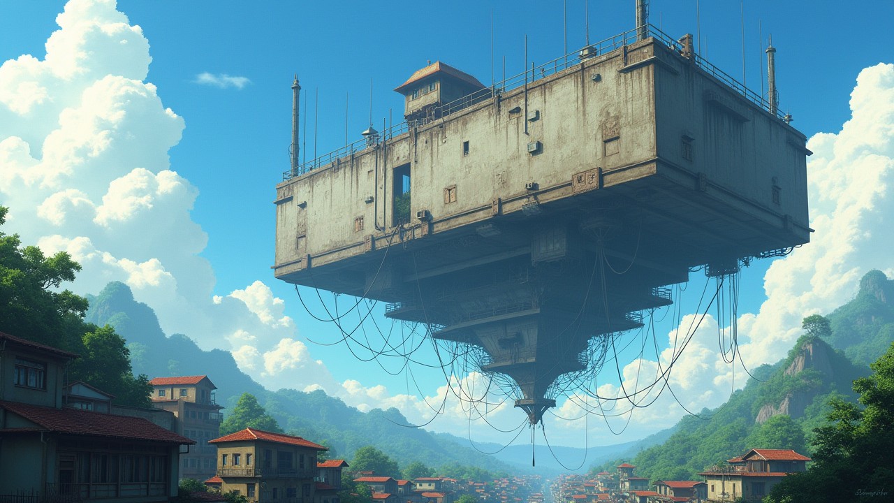 Epic artwork of a massive brutalist building floating above a favela in a tropical landscape, the large brutalist building has large wires and cables hanging from it, cinematic art
