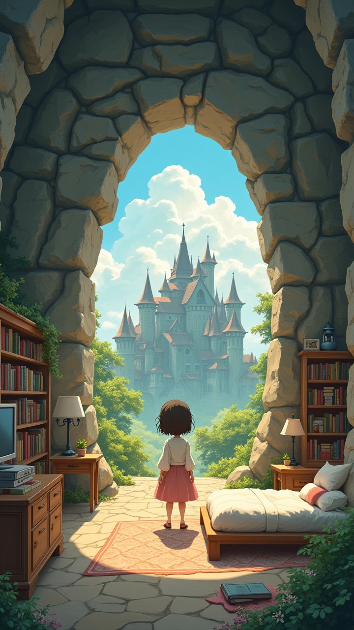 a little girl are playing in a beautiful bedroom of a big house which is in the center of a giant stone
