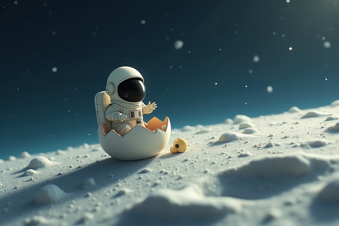a tiny astronaut hatching from an egg on the moon
