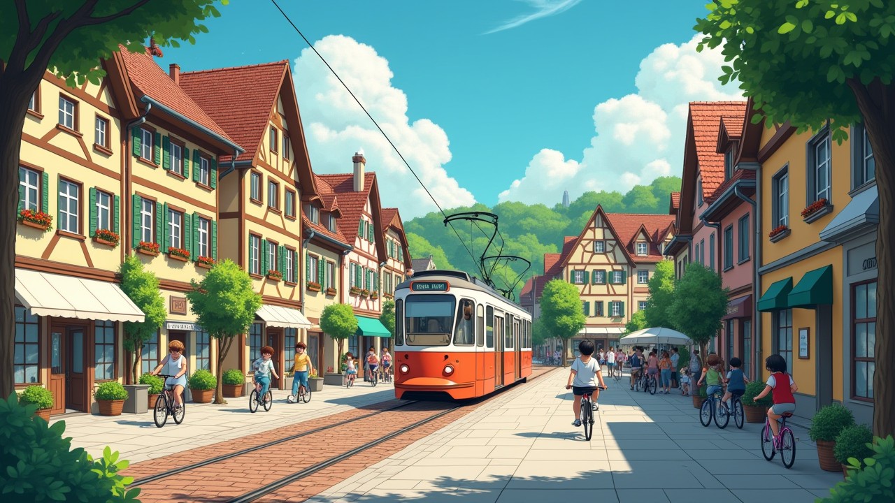 a photo of a beautiful street in Freiburg with a tram passing by and people walking about and riding bikes