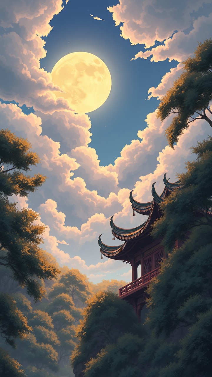 The prospect is a Chinese architecture, moon, trees, the sky is filled with clouds