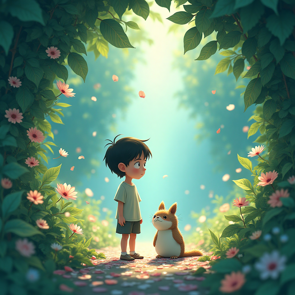 Ghibli Flux Scene: Boy and His Companion, gentle breezes weaving through shimmering petals, color temp 5500K-6500K, particle density ≥800 units/px². Adjust settings with --ghibli_boost for increased whimsical elements and --flux_decay for particle dispersion control.