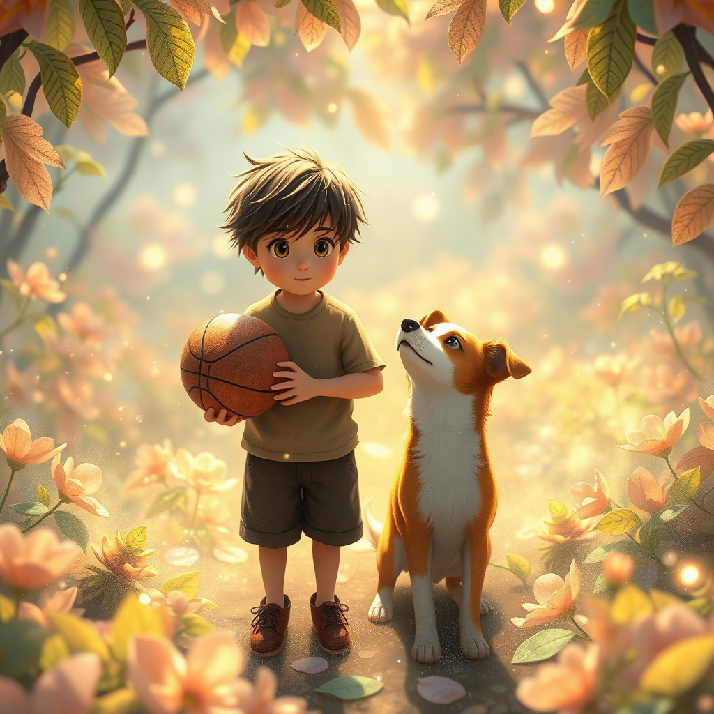 Ghibli Flux Scene: Boy and His dog, gentle breezes weaving through shimmering petals, color temp 5500K-6500K, particle density ≥800 units/px². Adjust settings with --ghibli_boost for increased whimsical elements and --flux_decay for particle dispersion control.