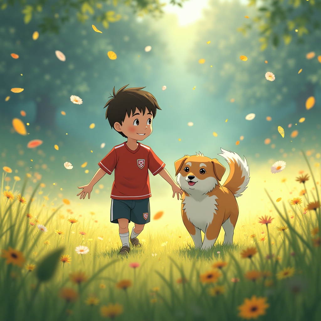 Ghibli Flux Scene: Boy and His dog, gentle breezes weaving through shimmering petals, color temp 5500K-6500K, particle density ≥800 units/px². Adjust settings with --ghibli_boost for increased whimsical elements and --flux_decay for particle dispersion control.