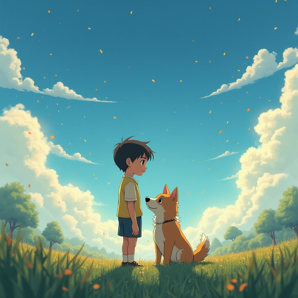 Ghibli Flux Scene: Boy and His dog, gentle breezes weaving through shimmering petals, color temp 5500K-6500K, particle density ≥800 units/px². Adjust settings with --ghibli_boost for increased whimsical elements and --flux_decay for particle dispersion control.