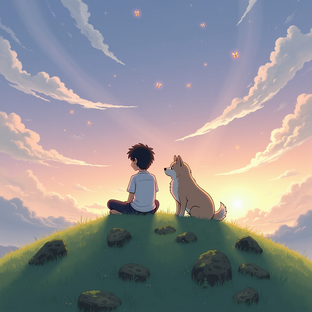 In the Studio Ghibli anime style, a fantasy landscape featuring a boy with a loyal dog perched on a grassy hilltop, surrounded by shimmering, swirling light trails and playful glowing butterflies, ultra-detailed with soft cel-shading and edge glow, intricate moss-covered stones at their feet, vivid sky imbued with pastel hues, Studio Ghibli color palette #23.