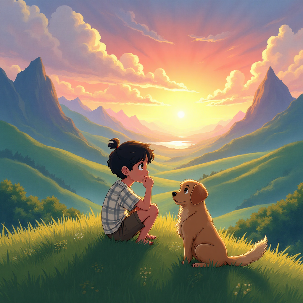 In the Studio Ghibli anime style, a fantasy landscape featuring a boy with a loyal dog perched on a grassy hilltop