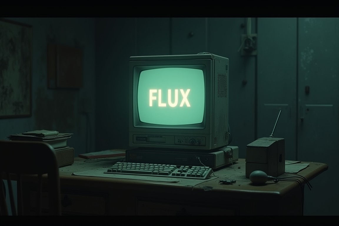 detailed cinematic dof render of an old dusty detailed CRT monitor on a wooden desk in a dim room with items around, messy dirty room. On the screen are the letters “FLUX” glowing softly. High detail hard surface render