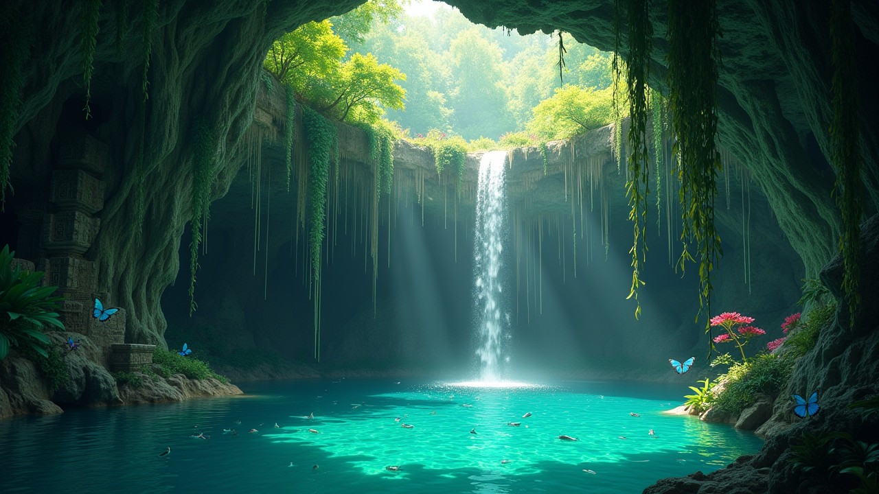 A hidden cenote in the heart of a lush jungle beckons with crystalline turquoise waters. Vibrant emerald vines cascade down weathered limestone walls, their tendrils barely kissing the water’s surface. Shafts of golden sunlight pierce through a natural skylight above, creating a mystical interplay of light and shadow on the cavern walls. Iridescent butterflies flit between exotic orchids clinging to rocky outcrops. A partially submerged Mayan ruin, its intricate carvings softened by time, stands as a silent sentinel at the water’s edge. Schools of tiny silver fish dart through the crystal-clear depths, their scales glinting like underwater stars. At the far end of the cenote, a small waterfall tumbles melodiously into the pool, its mist creating ephemeral rainbows in the dappled light.