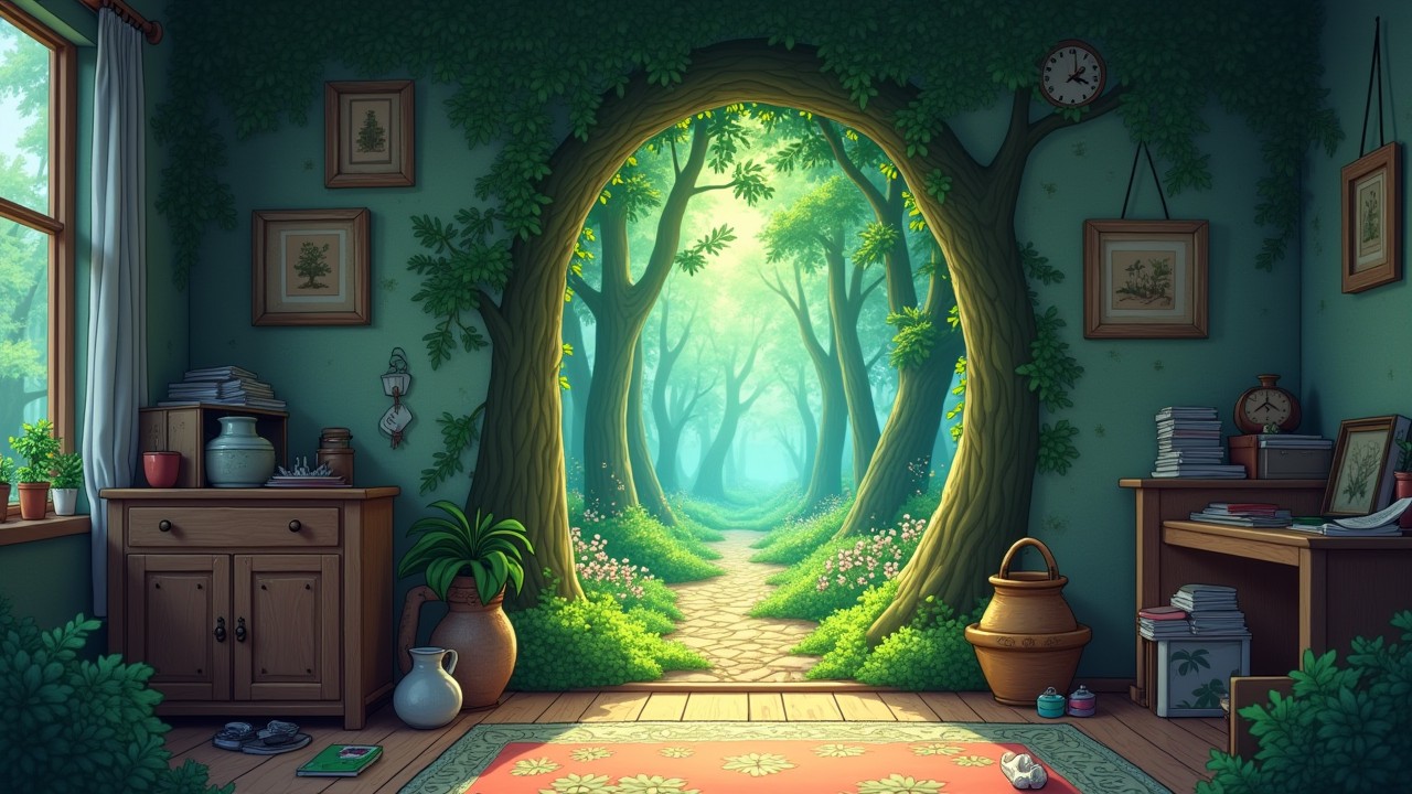 a portal into a mythical forest on the wall of my small messy bedroom