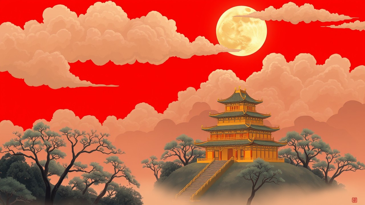 an ancient Landscape painting, poetic, invisible
the prospect is a Chinese architecture, moon, trees, the sky is filled with clouds
the minimalist style, prints
the architectures are golden, a red background